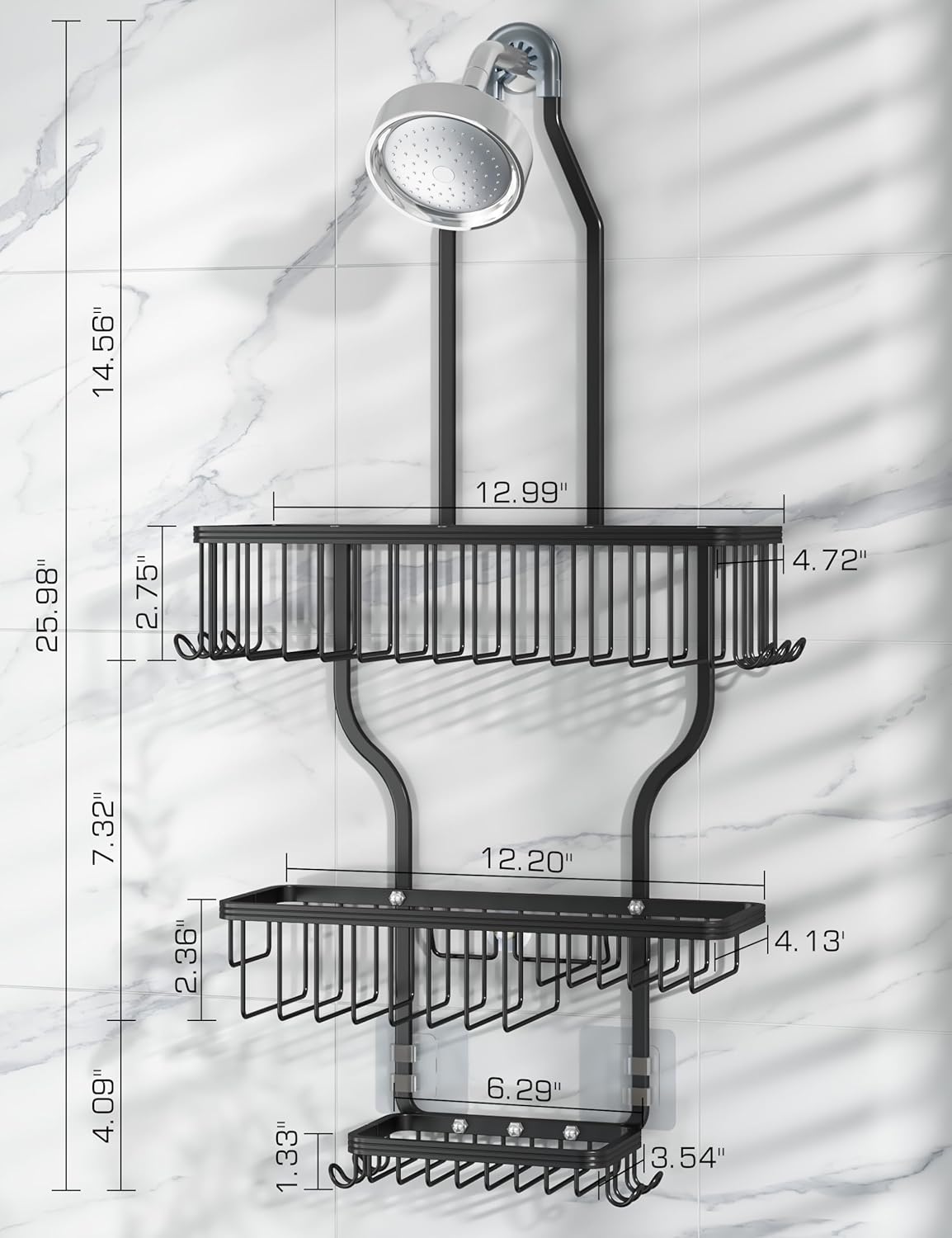 YASONIC Shower Caddy - Large Aluminum Over Shower Head Organizer with 10 Hooks & Soap Basket | Black