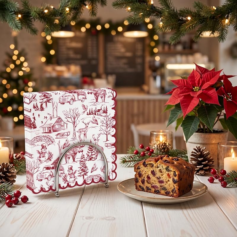 Christmas Napkins 50 Ct 3-Ply Red Toile Village 6.5" Disposable Dinner Napkins