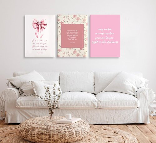 Christian Bible Verse Canvas Wall Art - 3-Piece Pink Preppy Decor for Girls' Bedroom