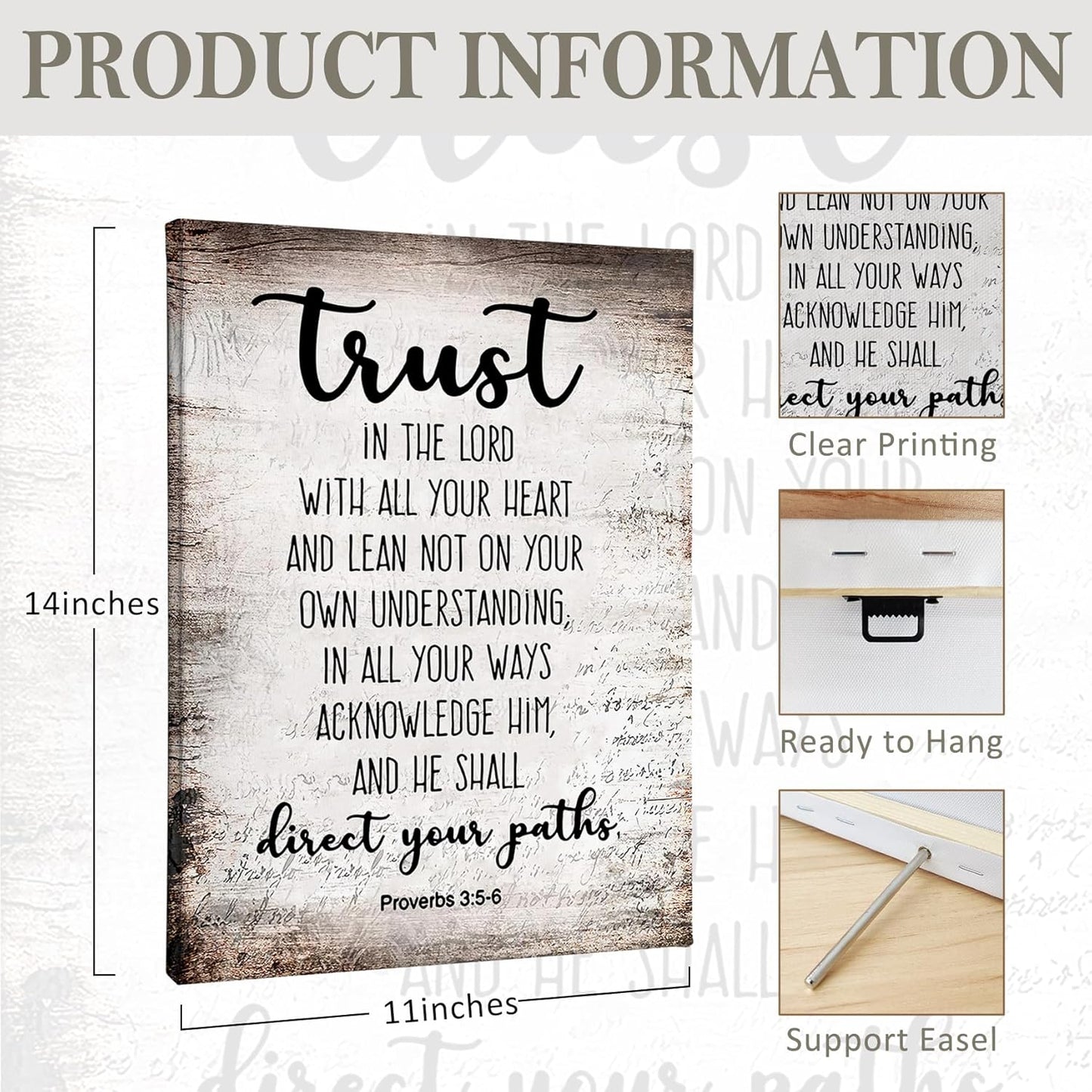 PHAMTE Christian Wall Art - Proverbs 3:5-6 Trust In The Lord - Framed Canvas Print (11x14)