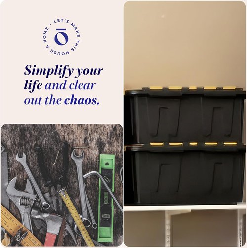 HOMZ Heavy Duty Plastic Storage Bins - 15 Gallon Stackable Containers with Lids | Black/Yellow 2-Pack