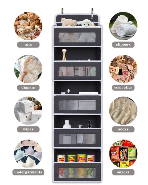 TIDY SAVANT Over The Door Organizer 44LB Capacity with 5 Large Pockets & 10 Mesh Side Pockets, Clear Window Anti-Tilt Hanging Storage for Nursery, Bathroom, Pantry - Dark Grey, 1 Pack