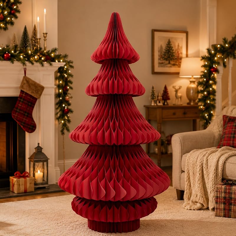 Christmas Red 70-Inch Paper Honeycomb Floor Tree - Foldable, Self-Standing