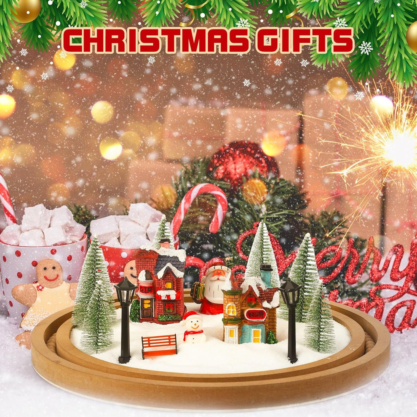 Soulchen Christmas Village Set - 14 Pcs Lighted Tabletop Decor with Mint Scented Candle | Festive Figurines for Holiday Celebrations