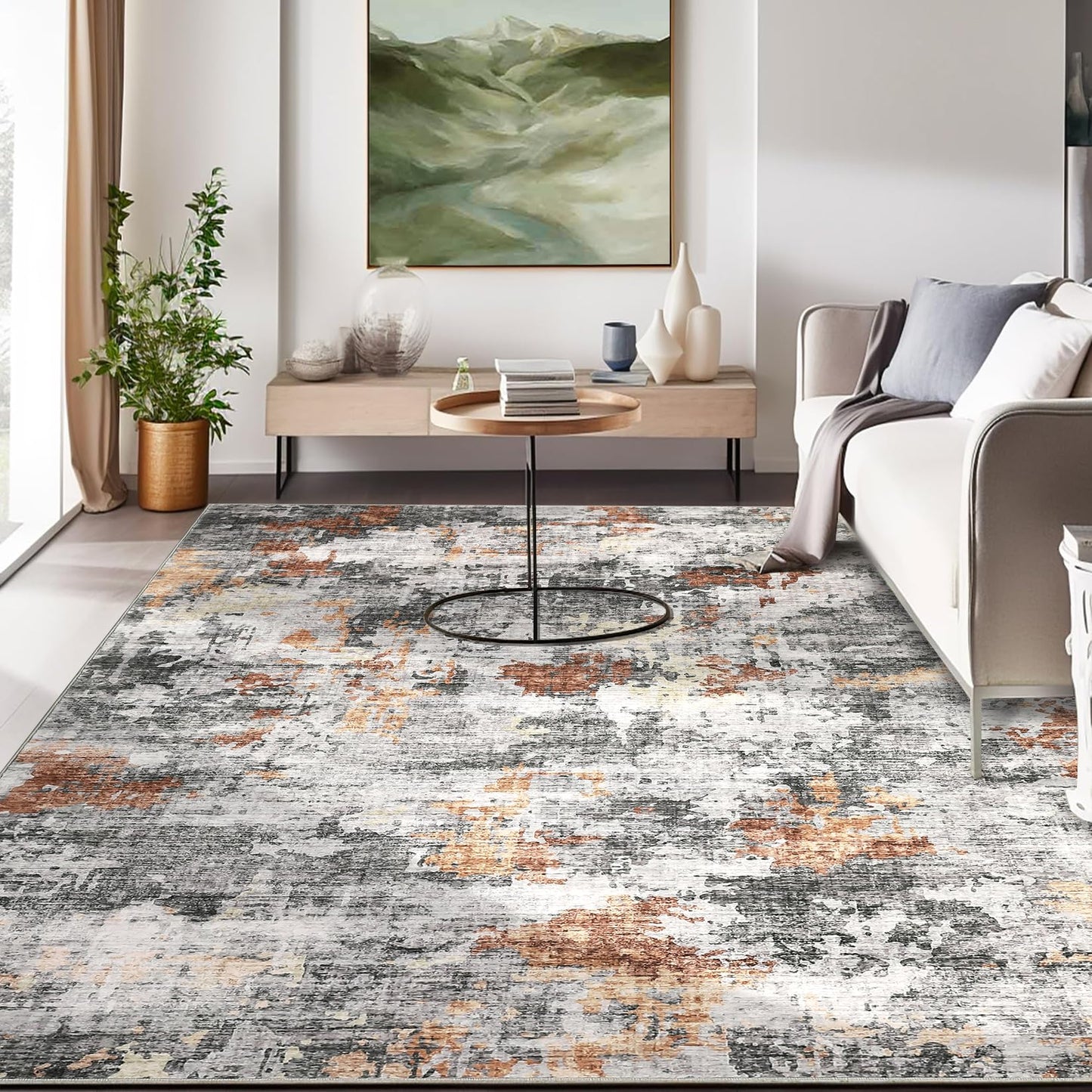 Washable Area Rugs for Living Room, 6x9 Soft Abstract Bedroom Rug Foldable Non-Slip Low Pile Area Rug Throw Carpet for Dining Room Home (Grey/Rust, 6'x9')