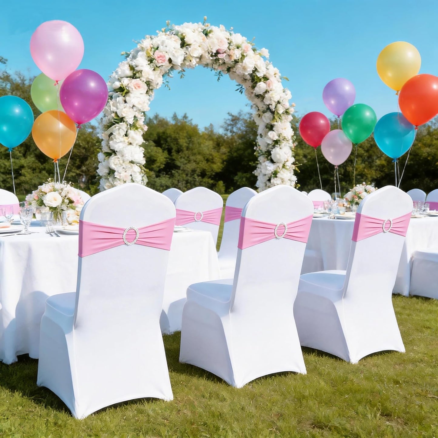 Skiennix Spandex Pink Chair Sashes - Pack of 50 Elastic Bows for Weddings & Events