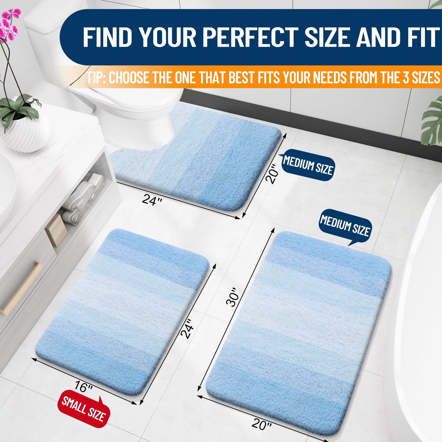OLANLY Bathroom Runner Rugs Mat 70x24, Extra Soft Absorbent Microfiber Bath Rugs, Rubber Backing, Quick Dry, Washable Long Bath Mats for Bathroom, Tub and Shower, Home Decor Accessories, Sky Blue