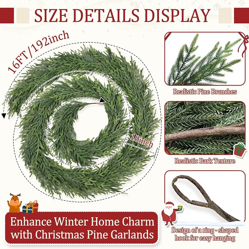 16ft Real Touch Pine Garland - Multicolor Christmas Greenery, Tulvend