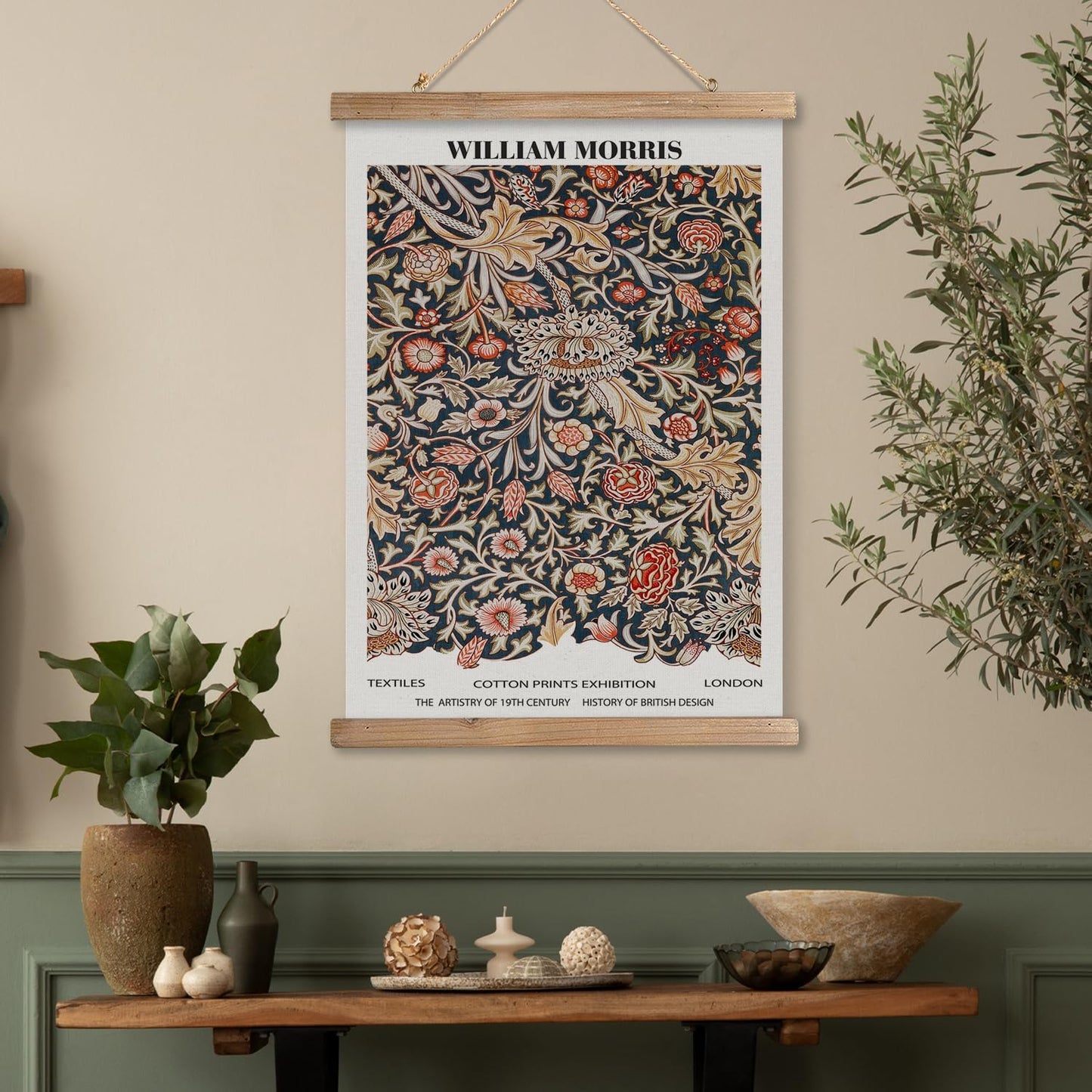 MIDEFINCH Vintage Floral Scroll Poster - Retro Botanical Wall Art with Wooden Hanger | 16x23 Inch