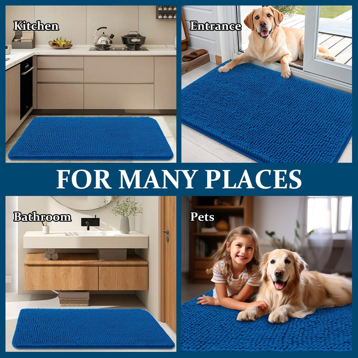 OLANLY Dog Door Mat - Absorbent Non-Slip Washable Doormat for Muddy Paws | 70x35 Deep Navy Blue