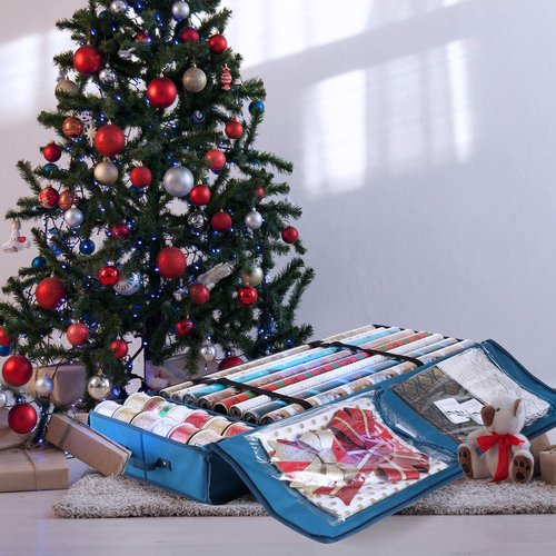 Hearth & Harbor Wrapping Paper Storage Container - Tear-Proof Gift Wrap Organizer for 22 Rolls - Blue