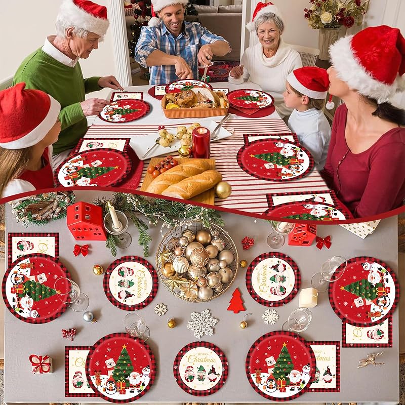 175Pcs Christmas Disposable Dinnerware Set – 25 Plates 9" & 7", Cups, Napkins & Cutlery, Red Holiday party supplies