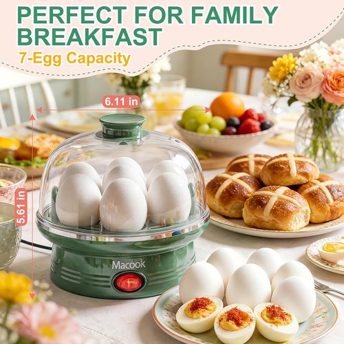 Macook Electric Egg Cooker - 7 Egg Capacity with Auto Shut-Off | Spring Green Hard Boiled Egg Maker
