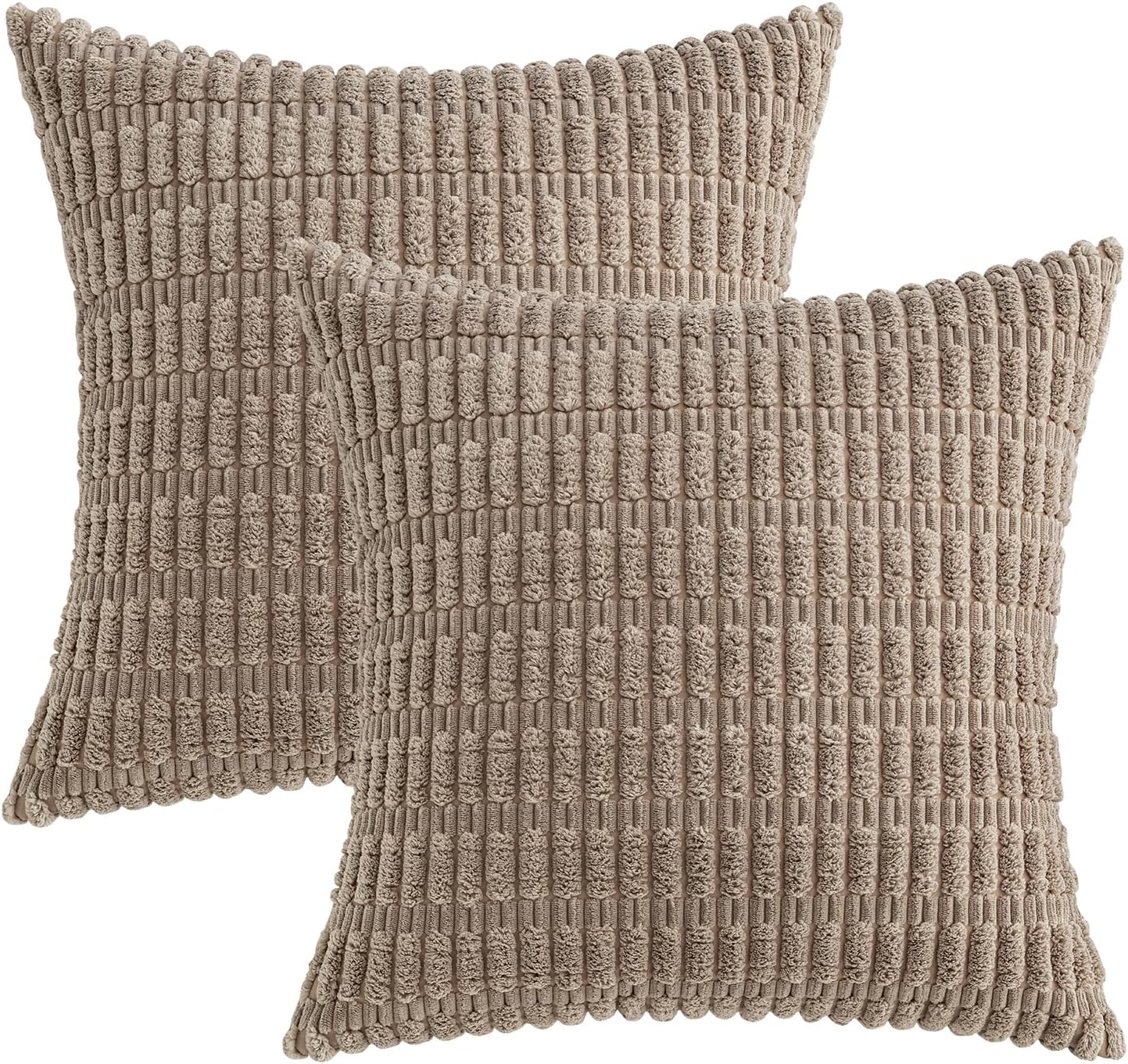 MIULEE Euro Sham Pillow Covers - Soft Boho Striped Corduroy | Pack of 2, 22x22 Inch, Light Brown