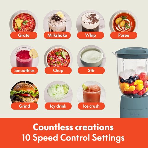 Bella 10-Speed Blender - Versatile Juicer & Smoothie Maker | 48oz Dishwasher Safe Pitcher, Stainless Steel Blade, Surf Color
