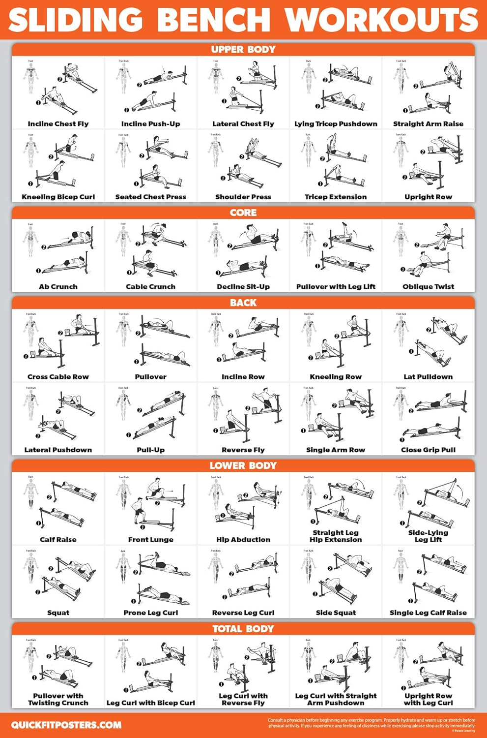 Palace Learning Bodyweight Workout Charts - 3 Pack with Stretching Exercises & Sliding Bench