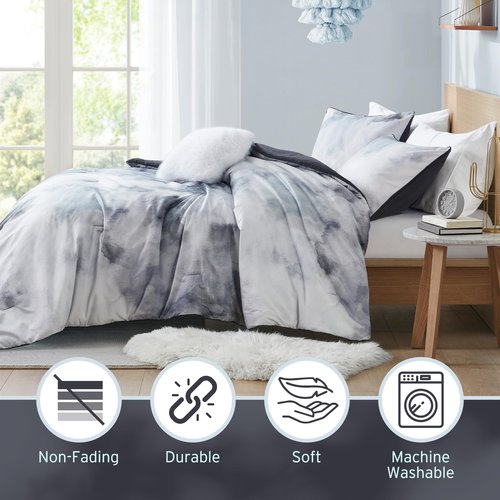 Intelligent Design Boho Tie Dye Comforter Set - 4 Piece Cassiopeia Queen Sham, Pillow Full/Queen, Charcoal