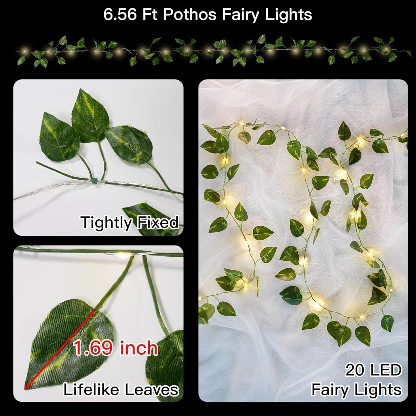 Suddus Vines with Lights - 20 LED Battery Operated Fairy Lights | 6.56FT Pothos String Lights for Bedroom, Garden, Party Decor (Warm White)