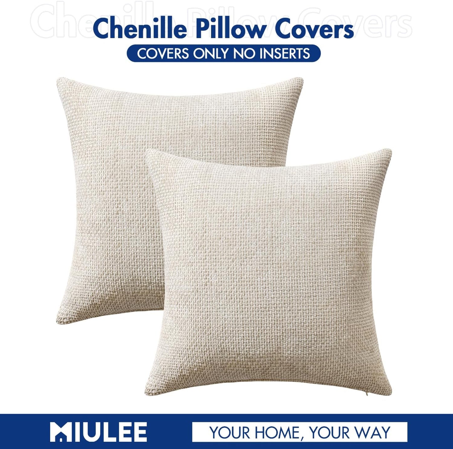 MIULEE 18x18 Inch Couch Throw Pillow Covers - Soft Chenille Beige Modern Boho Accent Pillows | Pack of 2