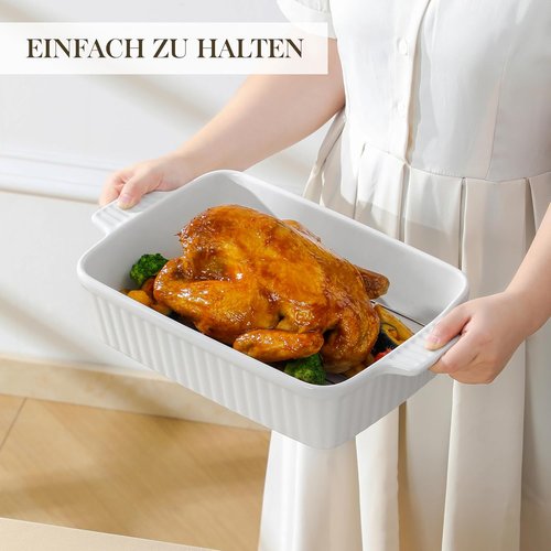 MALACASA 4.4 QT Ceramic Baking Dish - Large 9x13 Casserole Pan with Rack & Handles | Oven & Microwave Safe, White