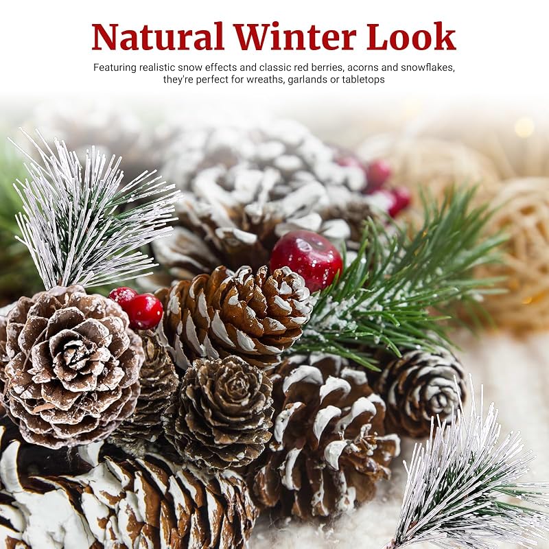 Snowy Pine Cones & Berry Stem Craft Kit - 140 Pcs Holiday Decor (Variation: Snow)