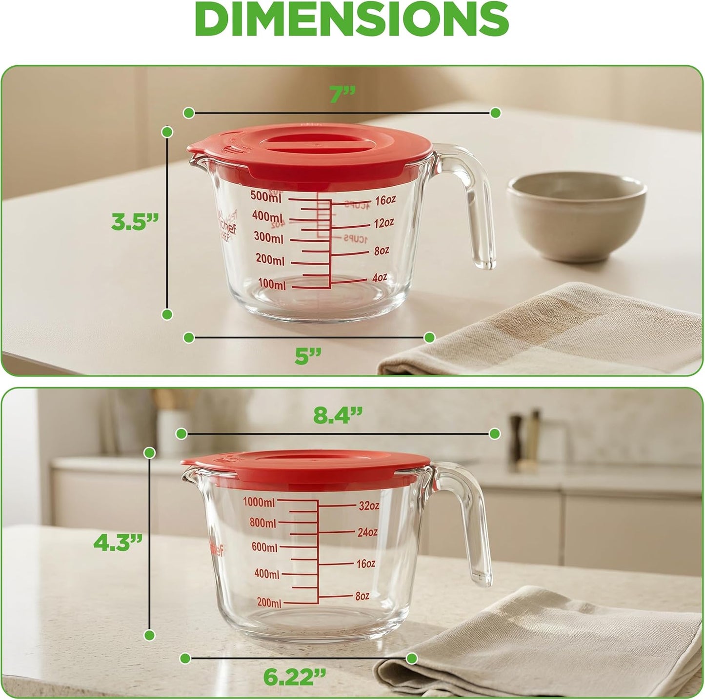 NutriChef Glass Measuring Cup Set - Heat-Resistant Borosilicate with Lids | 2 & 4 Cups (17 & 34 oz)