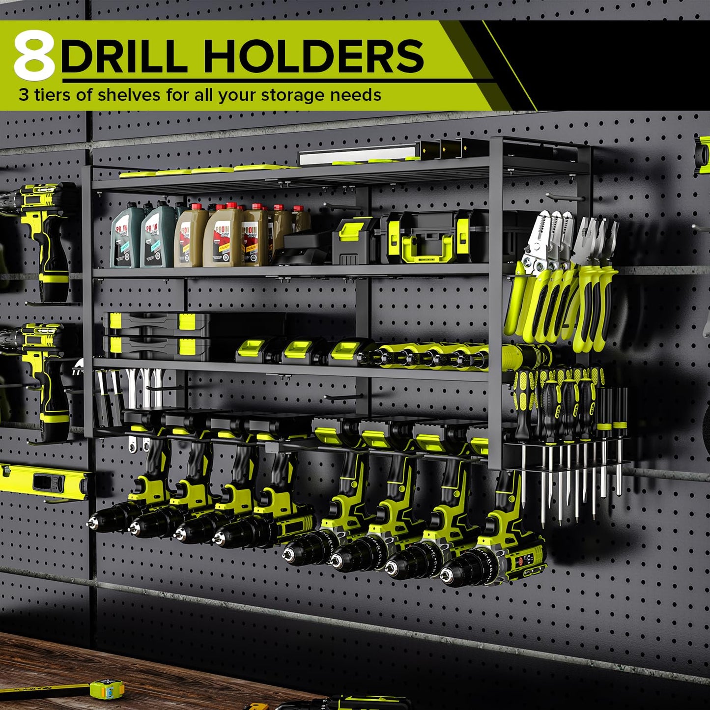 viyawise Power Tool Organizer Wall Mount, 4-Tier Power Tool Organizer with LED Lighting, 8 Drill Holder Garage Organizer and Storage, Heavy-Duty 150 lbs Capacity for Garage Guarantee (Large)