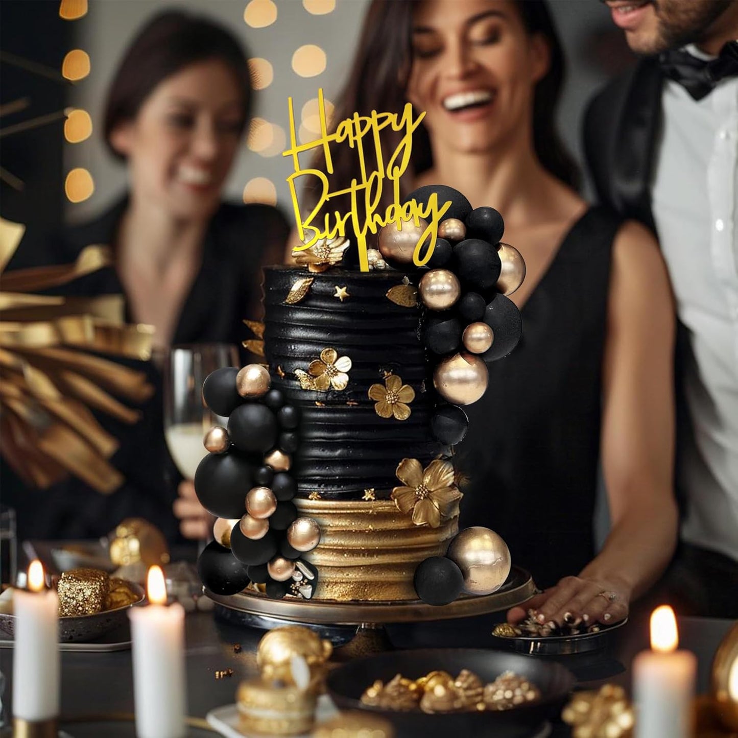 Skiennix 75 PCS Black and Gold Cake Decoration Set - Happy Birthday Inserts for DIY Parties