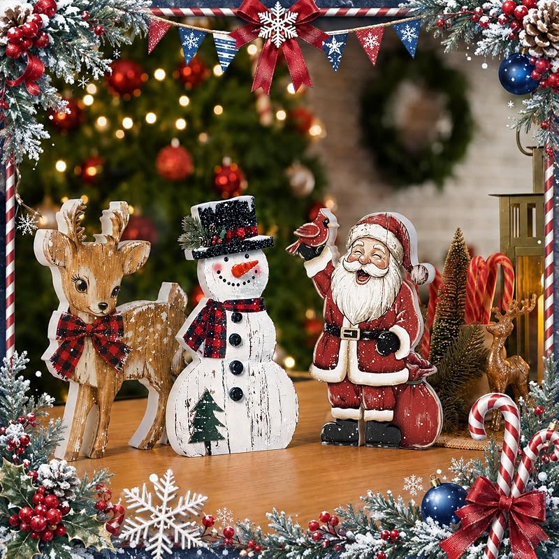 3 Pcs Christmas Wooden Decorations Set – Snowman, Santa & Reindeer Signs (Variation: 3+Snowman Santa Reindeer)
