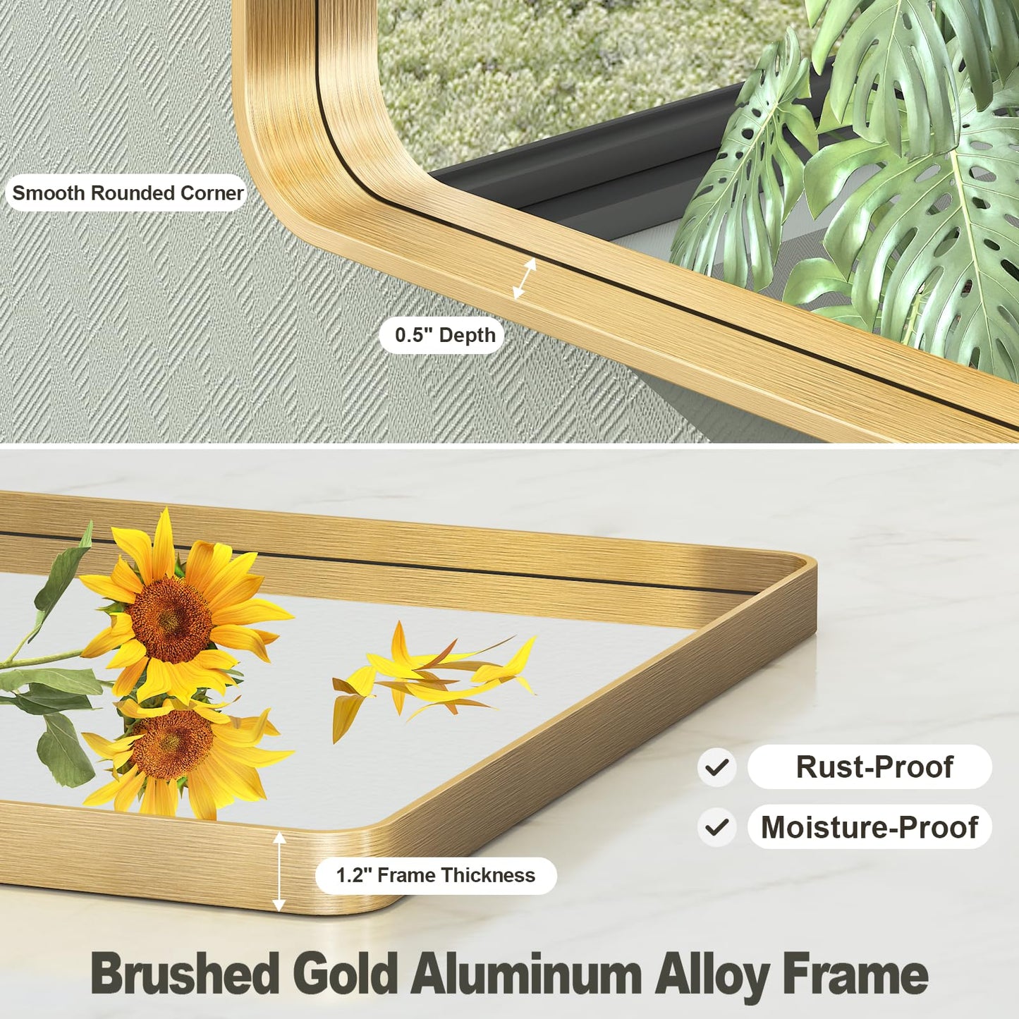 VANLIO 22x30 Inch Gold Framed Bathroom Mirror, Brushed Gold Metal Vanity Mirror, Rectangle Gold Mirror for Wall, Rounded Corner, Tempered Glass, Anti-Rust, Shatterproof (Horizontal/Vertical)