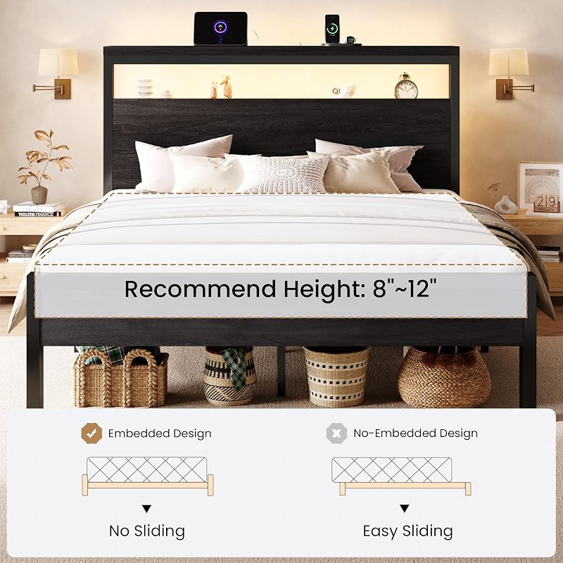 SHA CERLIN Full Bed Frame with 2-Tier LED Headboard & USB-C Charging, Black Oak