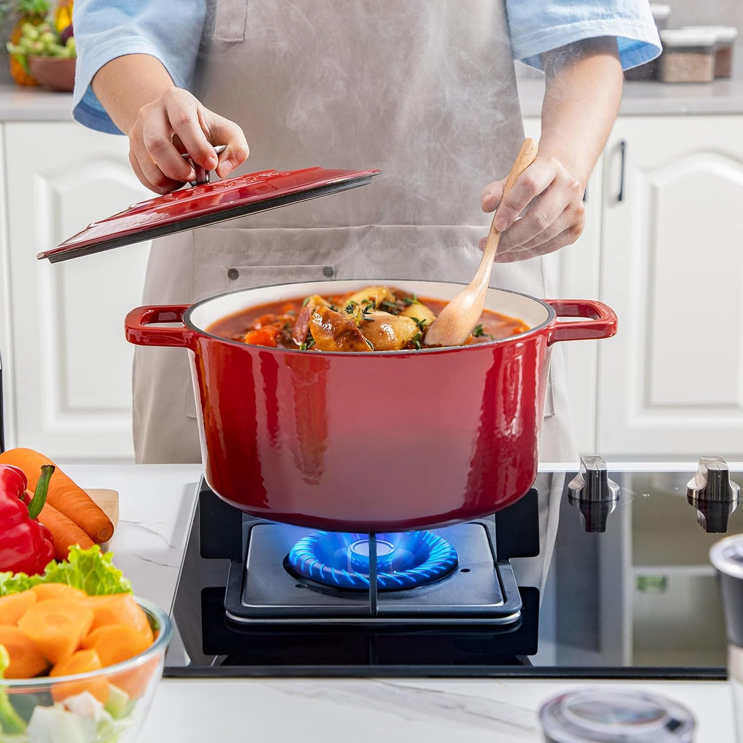 Velaze 6 QT Enameled Cast Iron Dutch Oven - Heavy-Duty Non-Stick Pot with Lid for Baking & Roasting | Red