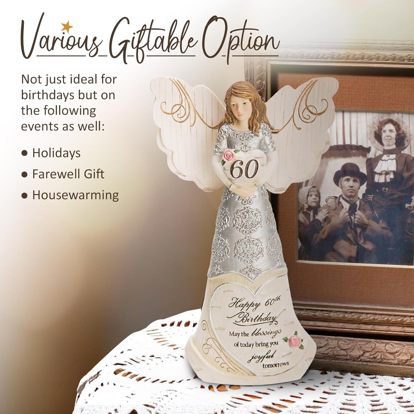 Pavilion Elements | Guardian Angel Figurine - 60th Birthday Blessings Display - 6" Collectible