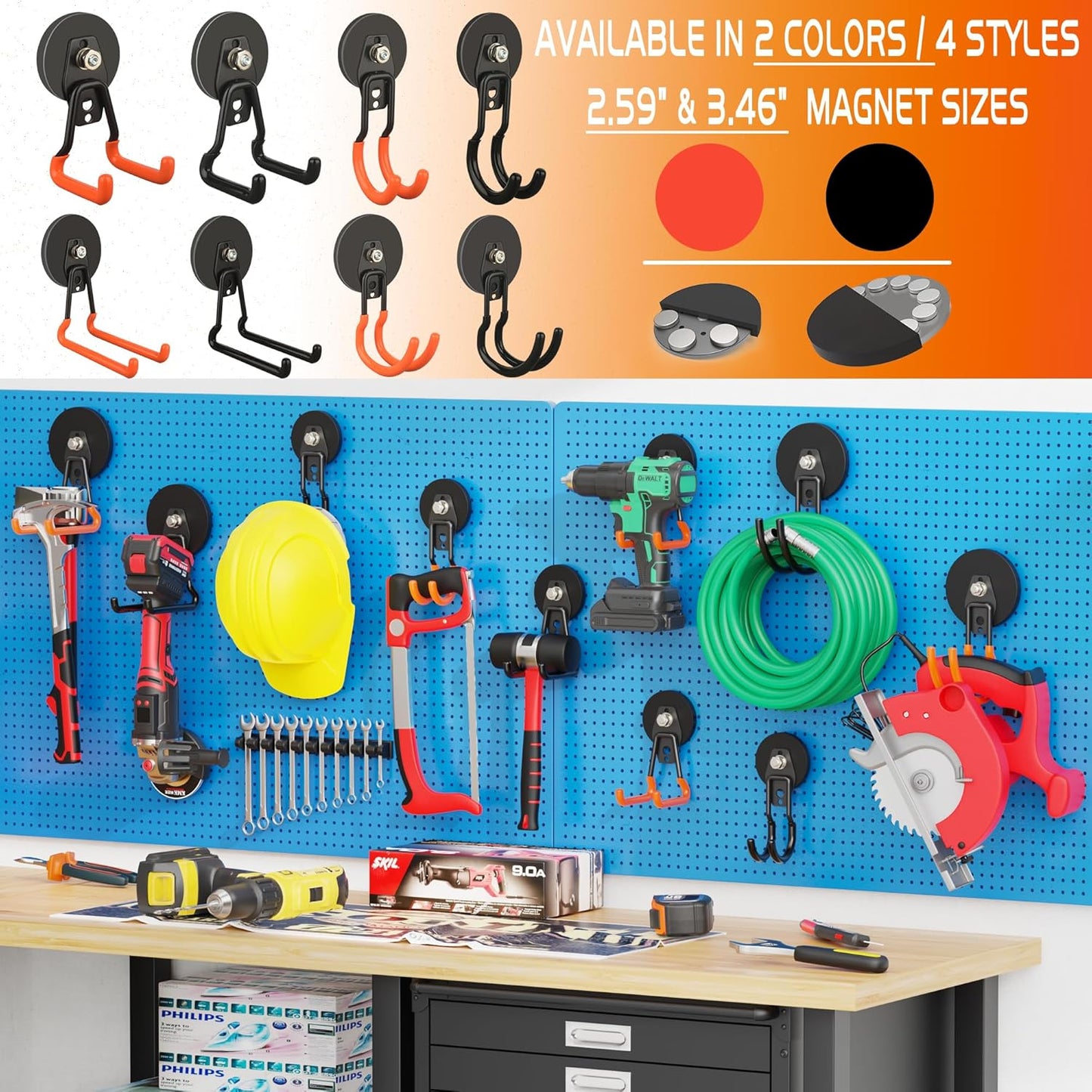 ULIBERMAGNET Heavy Duty Magnetic Hooks - Strong 3.46 Inch Design for Cables, Tools & More | 2 Pack (Orange)