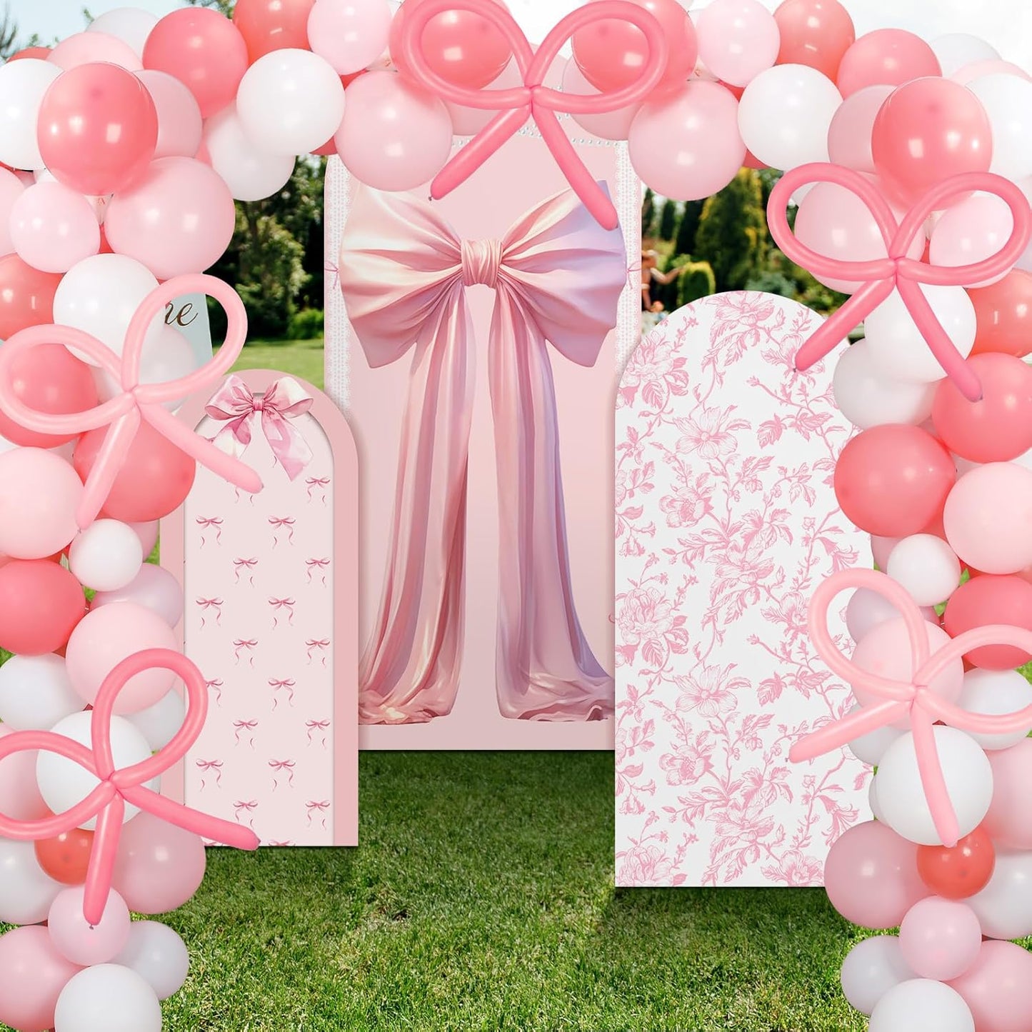 Soulchen Pink Bow Floral Arch Backdrop Set - 3 Fabric Covers with 200 Balloons | 4/5/6 Ft for Weddings & Parties