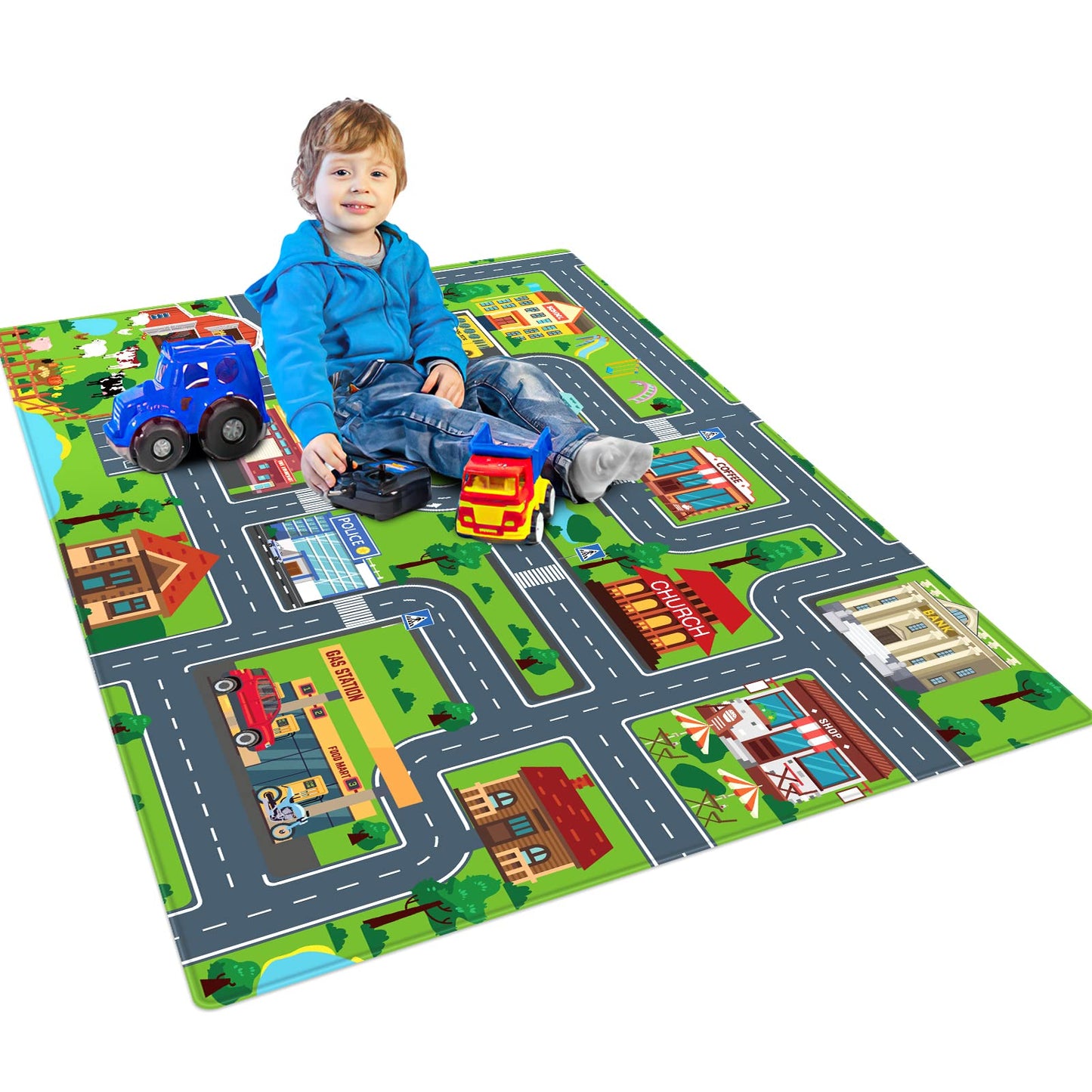 LTKOUGFAM Kids Carpet Playmat, Kids Play Rug for Playroom, Kids Car Mat Rug, Kids Play Rugs Town City Road Map Rug, Extra Large Boys Kids Car Track Play Rug Bedroom, Living Room, 59 X 39.4 Inch