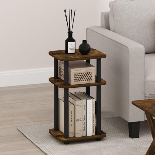 Furinno JUST Side Table, 3-Tier Turn-N-Tube End Table with Open Shelf, Round Curve Corner Night Stand, Bedside Table, Easy Assembly, for Living Room, Bedroom, Amber Pine