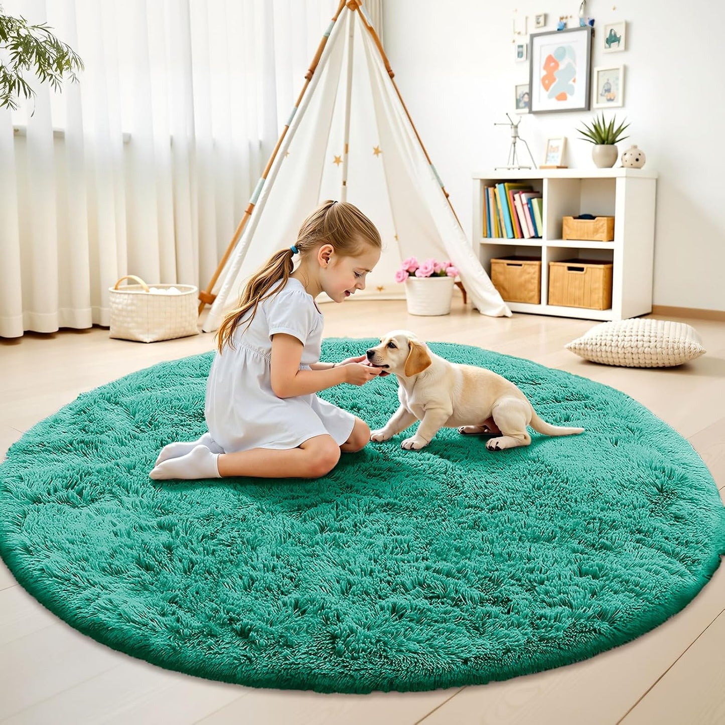OLANLY Teal Green Round Area Rug - Soft, Machine Washable 8 ft Shaggy Carpet for Bedrooms & Nurseries