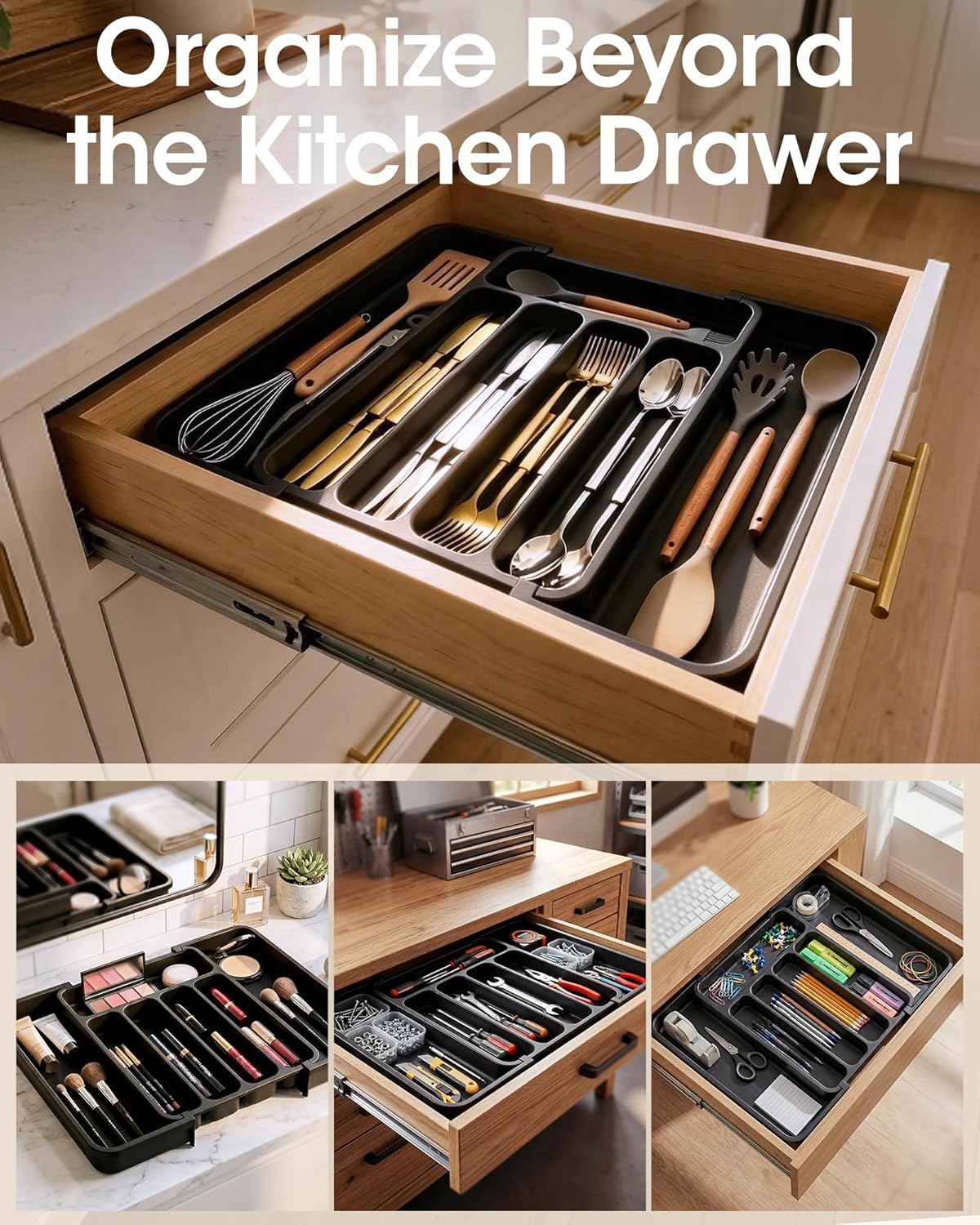 Aujen Silverware Organizer - Expandable Utensil Tray for Forks & Knives | Adjustable Kitchen Storage, Black, Medium
