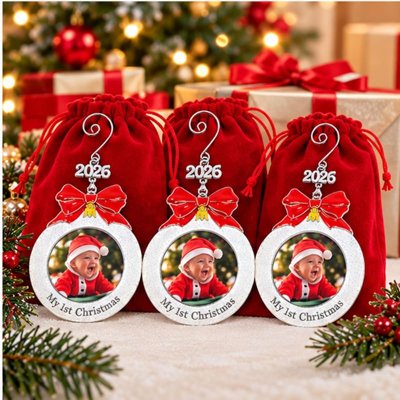 Baby’s First Christmas Photo Ornament Set of 3 - 3 Inch White Glitter Bulb, Red Bow & 2026 Charm (Variation: 3 Pack)