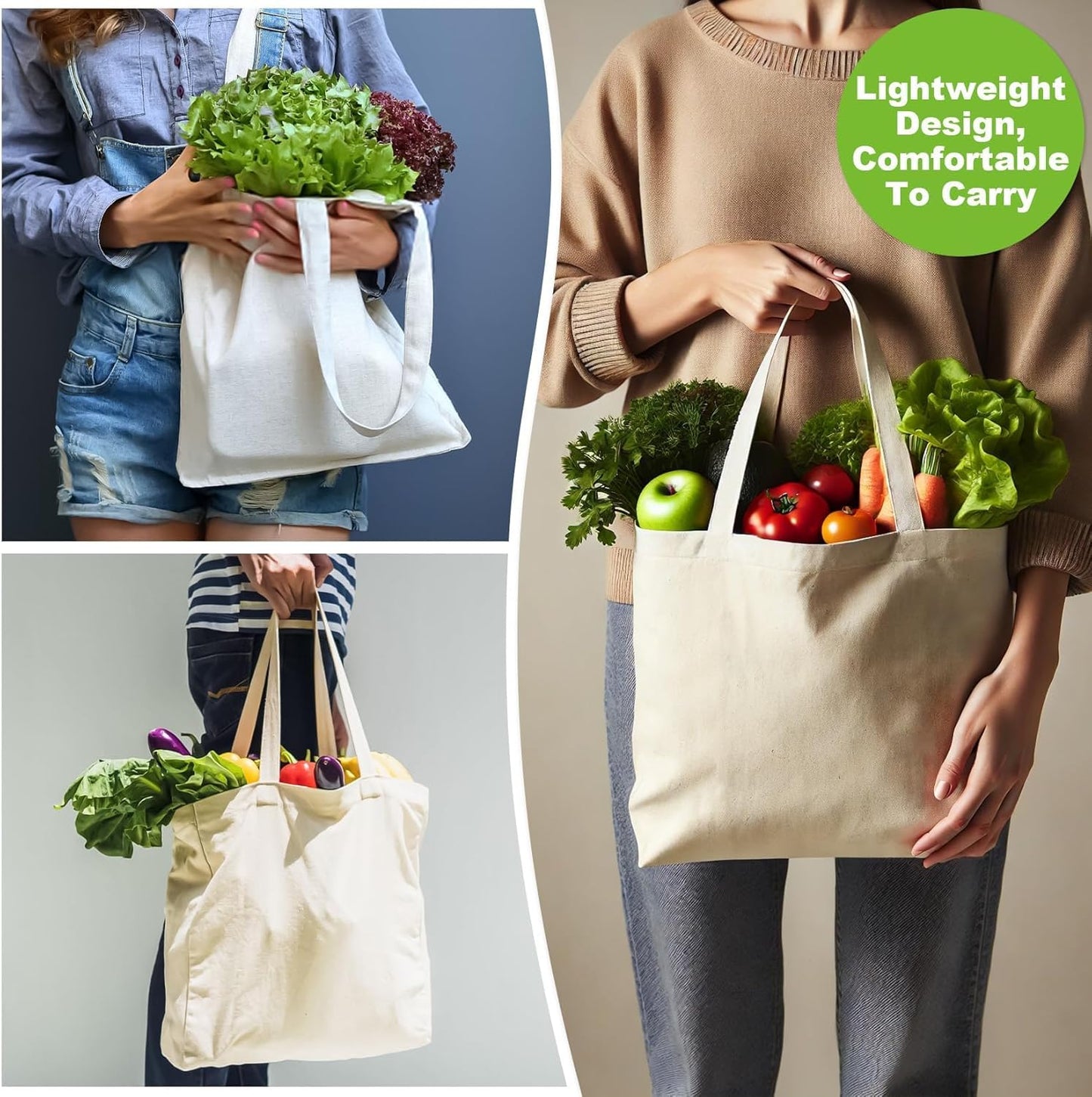 Skiennix Canvas Tote Bag - Set of 4 Reusable Cotton Grocery Bags with Handles for Crafts & Gifts