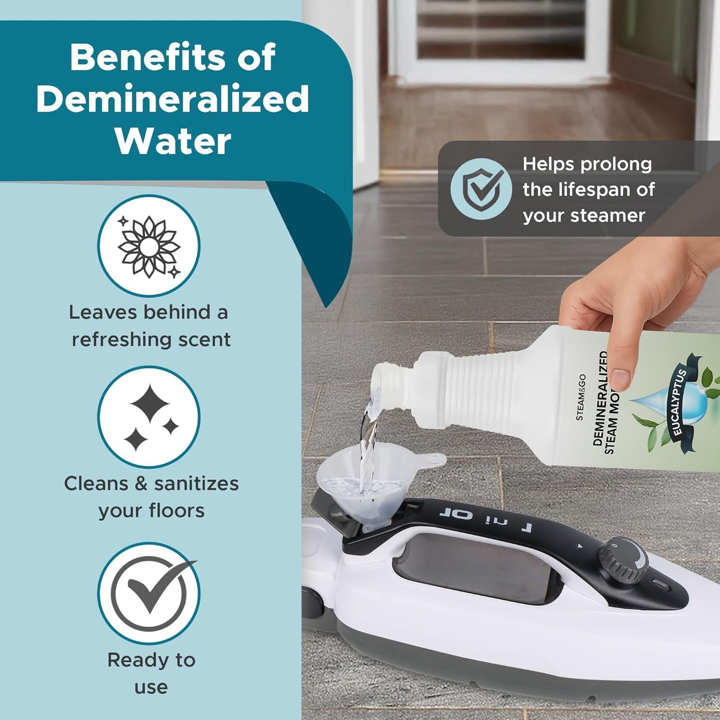 Steam & Go Demineralized Water - Ready-to-Use Eucalyptus Mint Cleaner for Steam Mops | 32 oz