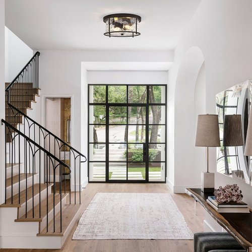 Krychiler Farmhouse Flush Mount Ceiling Light Black, 2-Light Close to Ceiling Lighting Fixture with Hammered Glass for Living Room Hallway Bedroom Dinning Room