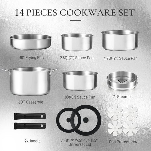 CAROTE 14pcs Pots and Pans Set, Stainless Steel Cookware Set Detachable Handle, Induction Kitchen Cookware Sets with Removable Handle, RV Cookware Set, Oven Safe, Camping Cookware, Black