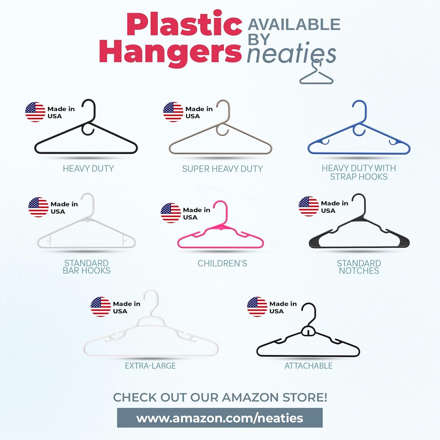 Neaties Plastic Hangers - 30 Pack | Made in the USA | 6lb Capacity Standard Clothes Hangers - Black