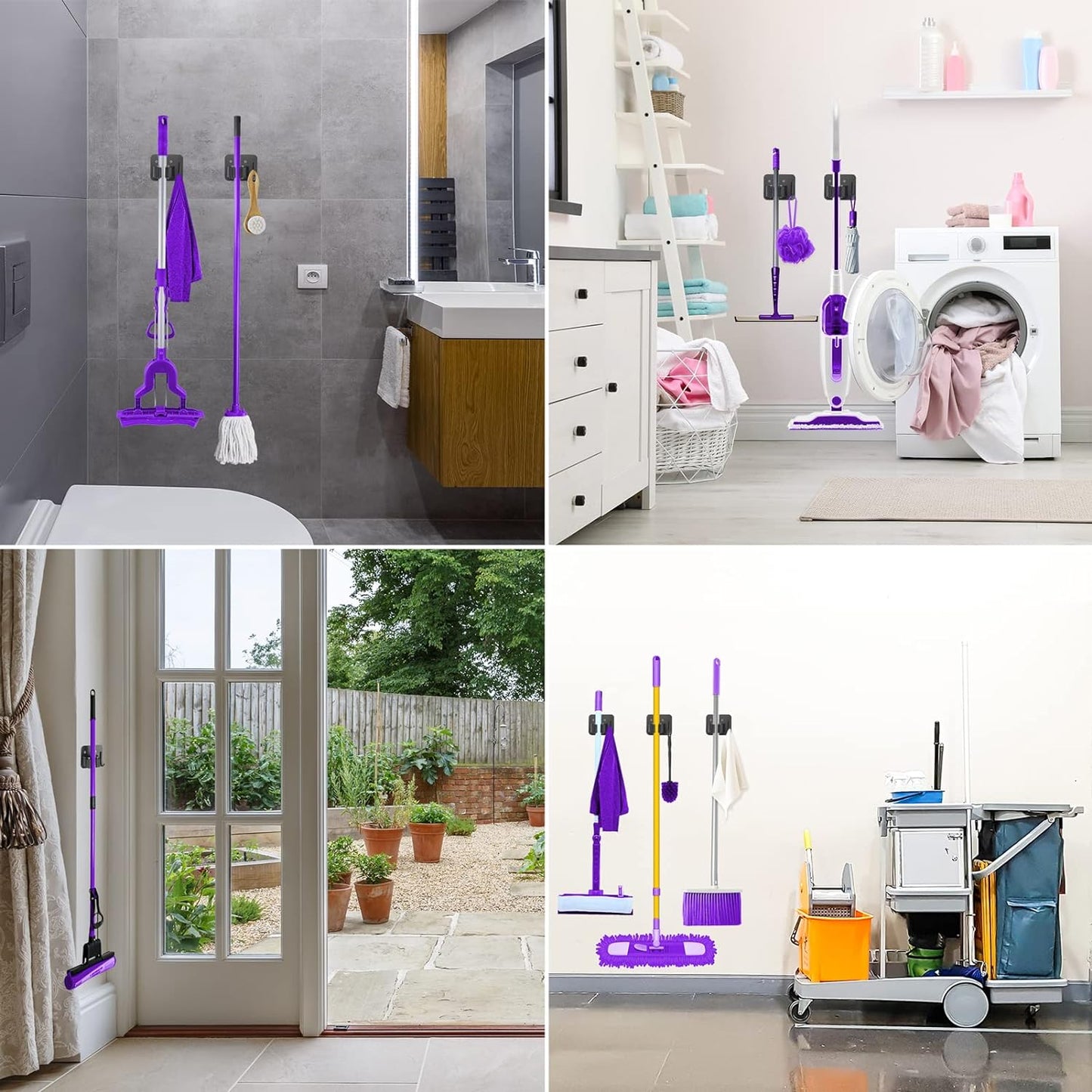 Stainless Steel Broom Holder - Heavy Duty, Rust Resistant with 4 Gripper Positions & Hooks | Black