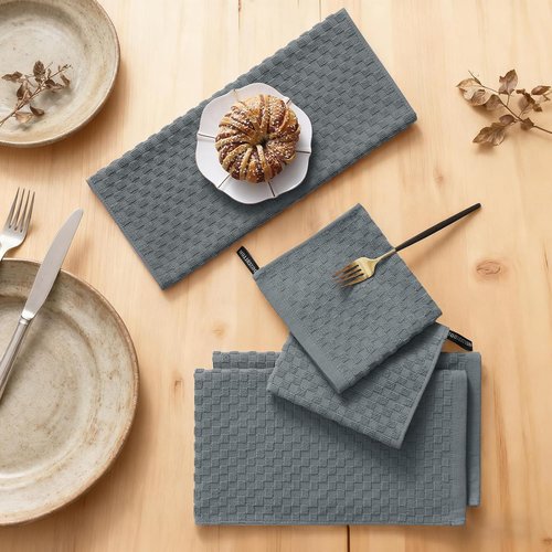 Homaxy Kitchen Towels Set - 100% Cotton, Super Soft & Absorbent | 8-Piece Set in Dark Grey, 12x12 & 15x25 Inches