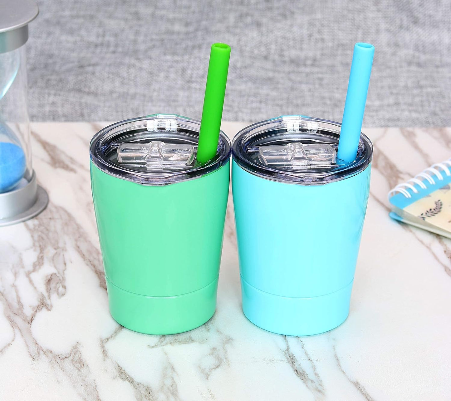 Skiennix Cute Stainless Steel Kids Cups - Mini Insulated Tumblers with Lids, Set of 2 (Teal Mint, 8.5 OZ)