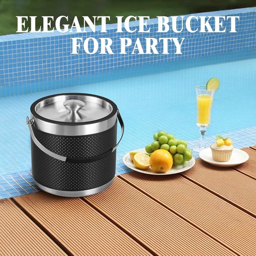 3Quart/3.2L Insulated Ice Bucket with Lid, Scoop, Leather Design Double Wall Stainless Steel Wine Bucket for Cocktail Bar, Parties (Black)