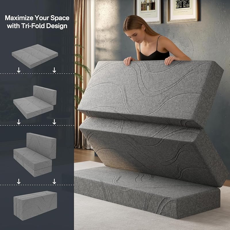 Foldable Queen Memory Foam Mattress Topper 6 Inch – Trifold Portable Guest Bed